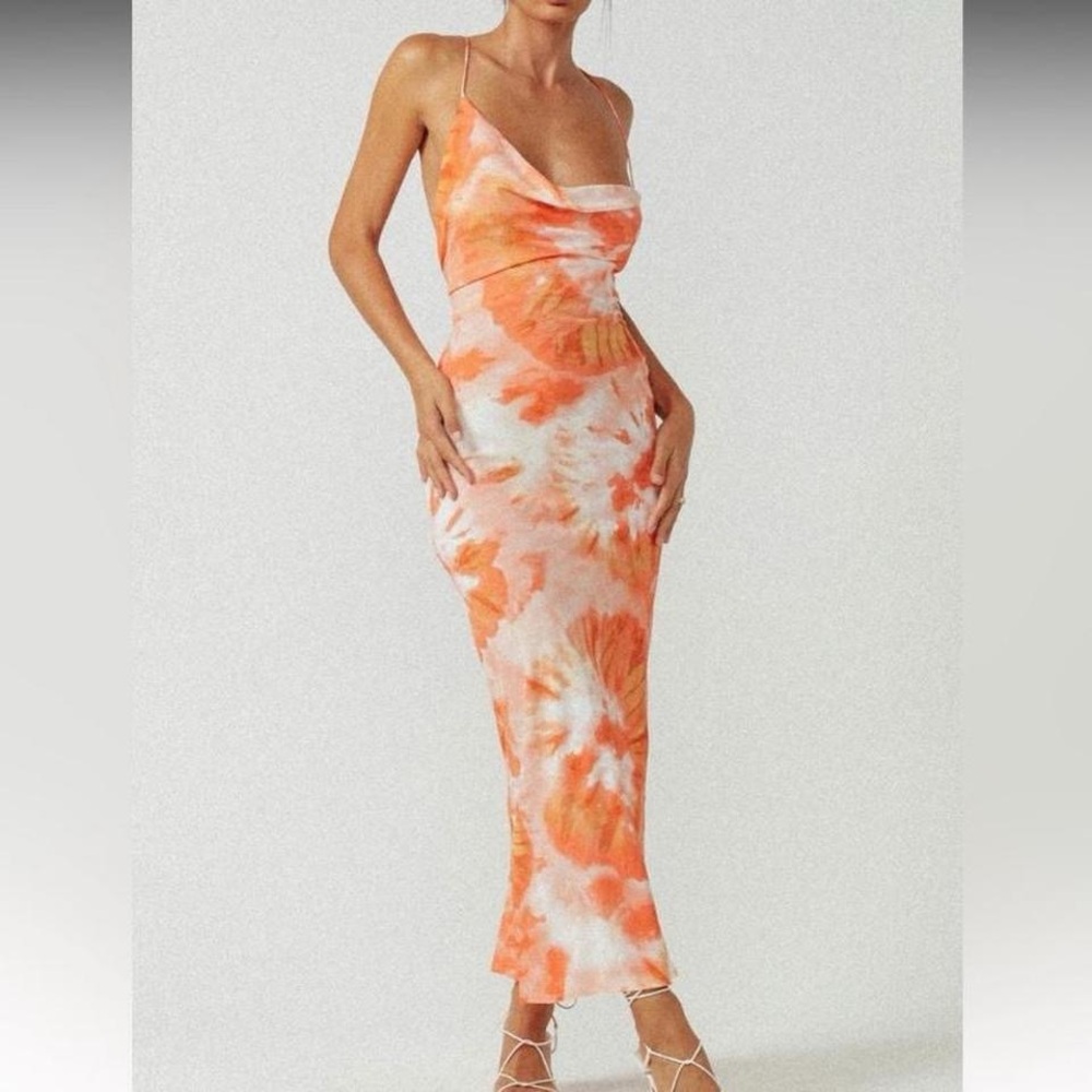 Orange and White Maxi Dress with Cowl Neck